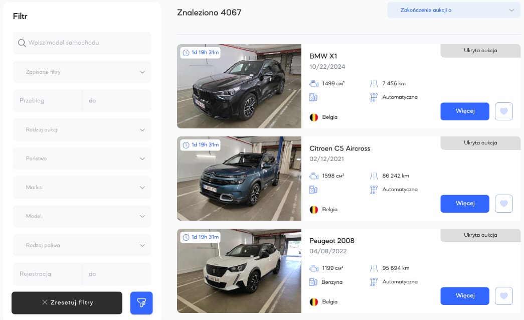 Katalog samochodów na platformie AutoPan z filtrem wyszukiwania