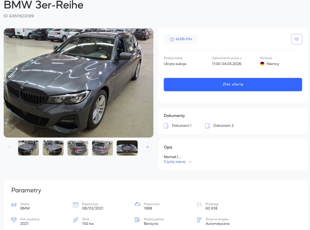 Widok samochodu na platformie AutoPan z możliwością złożenia oferty