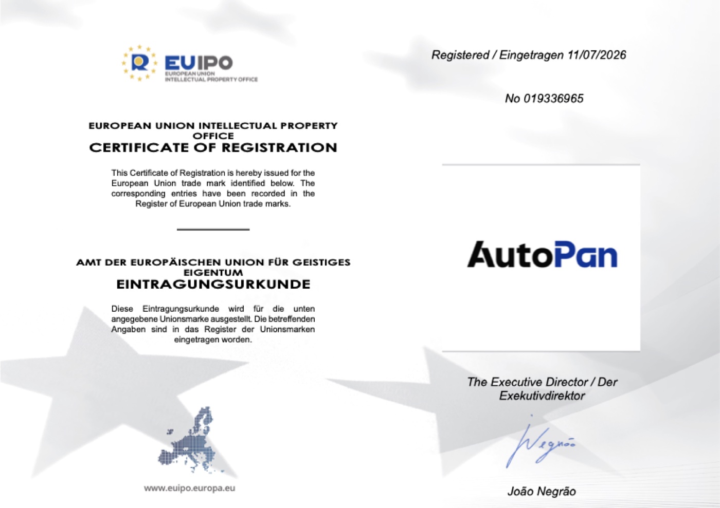 Świadectwo rejestracji znaku towarowego AutoPan w EUIPO