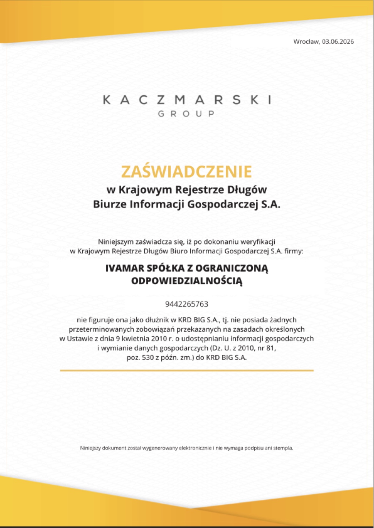 Zaświadczenie w Krajowym Rejestrze Długów BIG S.A. - AutoPan / Ivamar Sp. z o.o.