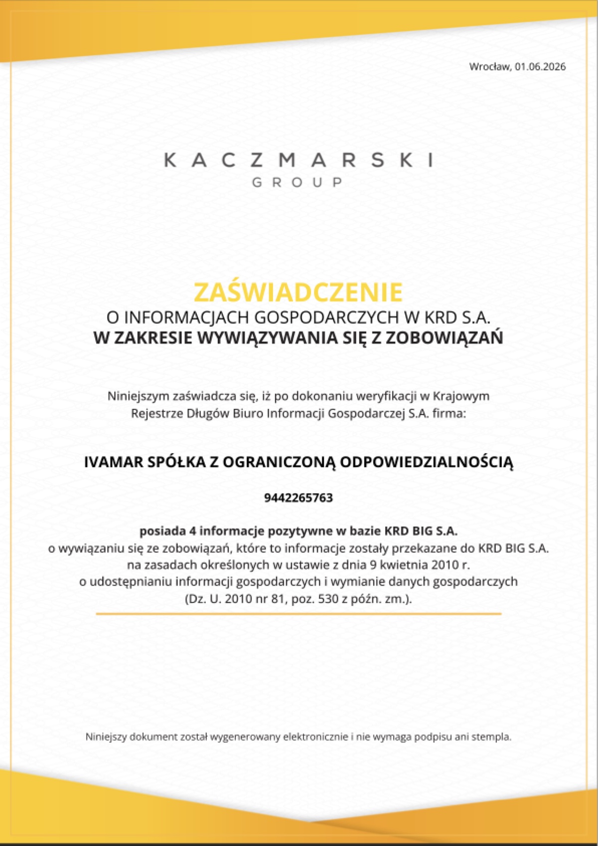 Zaświadczenie o informacjach gospodarczych w KRD S.A. - AutoPan / Ivamar Sp. z o.o.